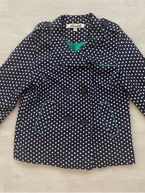 Annabella Navy Polka Dot Women’s Pea Coat with Green Trim